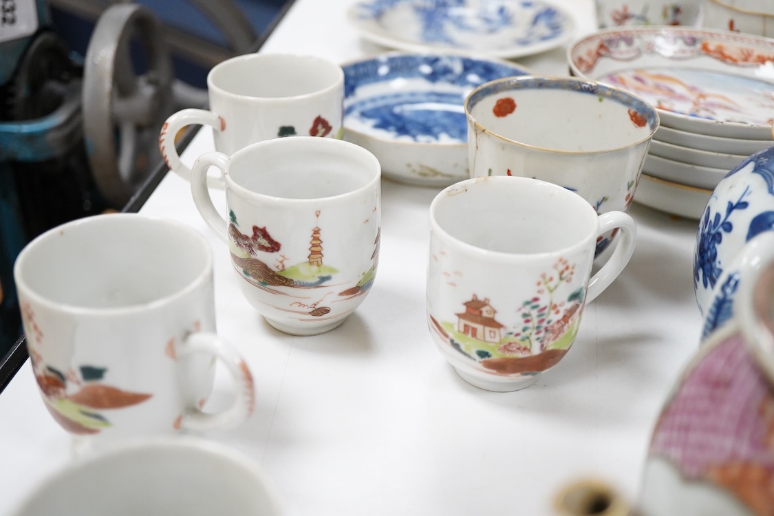 A group of 18th century Chinese export porcelain tea and coffee ware, including Mandarin pattern teapot and cover, two coffee cups and saucers, a blue and white teapot and cover various famille rose coffee cups, etc.